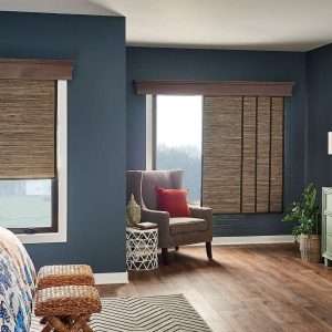 Modern bedroom with wooden blinds and stylish decor.