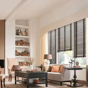 Wood Blinds installed in a bright living room