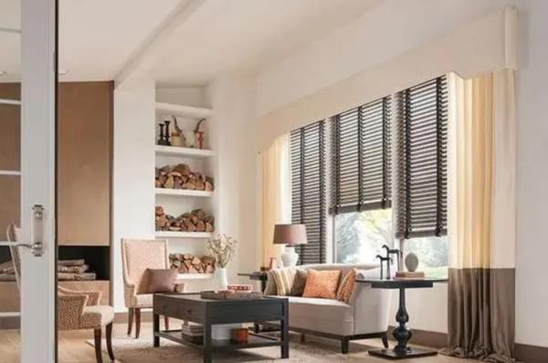 Wood Blinds installed in a bright living room