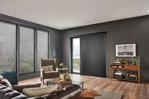 Vertical Blinds installed in a bright living room