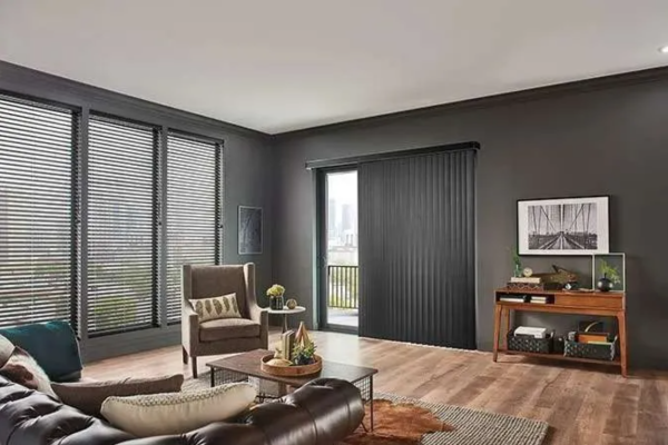Vertical Blinds installed in a bright living room