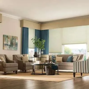 beautiful living room with In Style Blinds