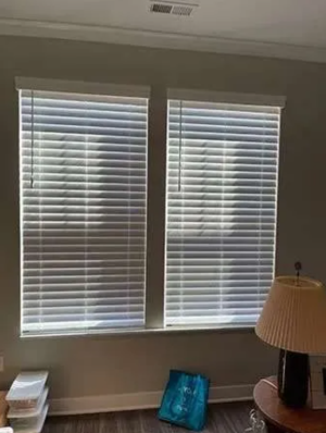 Cordless Faux Wood Blinds in contemporary bedroom setting